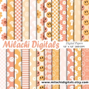Groovy Retro Digital Paper Pack, Scrapbook Papiere, glückliches Gesicht nahtlose Muster, bedruckbar, Hintergründe, bedruckbar, Notebook Hülle - M998