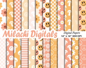 Groovy Retro Digital Paper Pack, Scrapbook Papers, Happy Face Naadloze Patronen, Afdrukbaar, Achtergronden, Afdrukbaar, Notebook Cover - M998