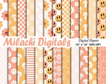 Groovy Retro Digital Paper Pack, Scrapbook Papers, Happy Face Seamless Patterns, Printable, Backgrounds, Printable, Notebook Cover - M998