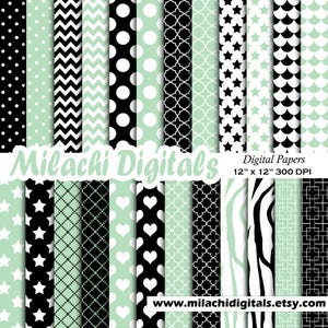 mint green and black digital papers, scrapbook papers, background, wallpaper, commercial use - M538