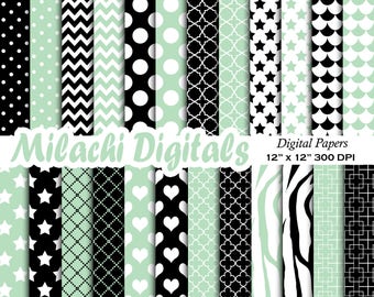 mint green and black digital papers, scrapbook papers, background, wallpaper, commercial use - M538