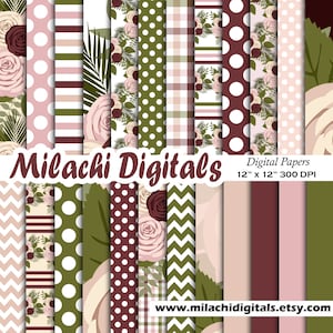 Floral Digital Paper, Floral Papers, Printable Scrapbook Paper, Flower Backgrounds, Flowers, Green, Pink, Red, Stripes, Commercial Use M780