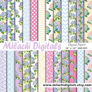 Hydrangea Digital Paper Seamless 12&quot;x12&quot; Scrapbook Paper, Junk Journal Pages, Floral Pattern, Watercolor Hydrangea Backgrounds