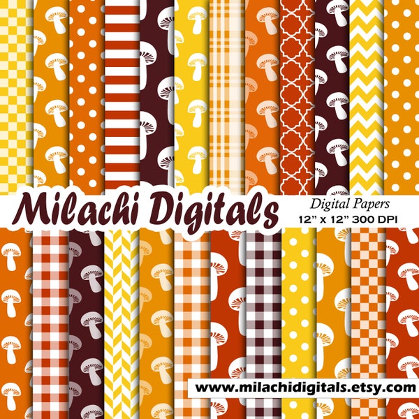 Mushroom Digital Paper, Seamless Backgrounds, Mushroom Scrapbook Papers, Stripes, Chevron, Polka Dots, Checkered - M1006