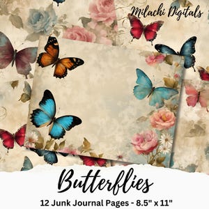 Butterflies Junk Journal Paper, Shabby Floral Scrapbook Paper, Printable, Digital Collage Sheet, Vintage, Digital Download