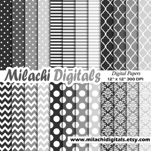 grått digitalt papper, scrapbookingpapper, bakgrund, prickar, ränder, marockanskt mönster, chevron, damast -M531