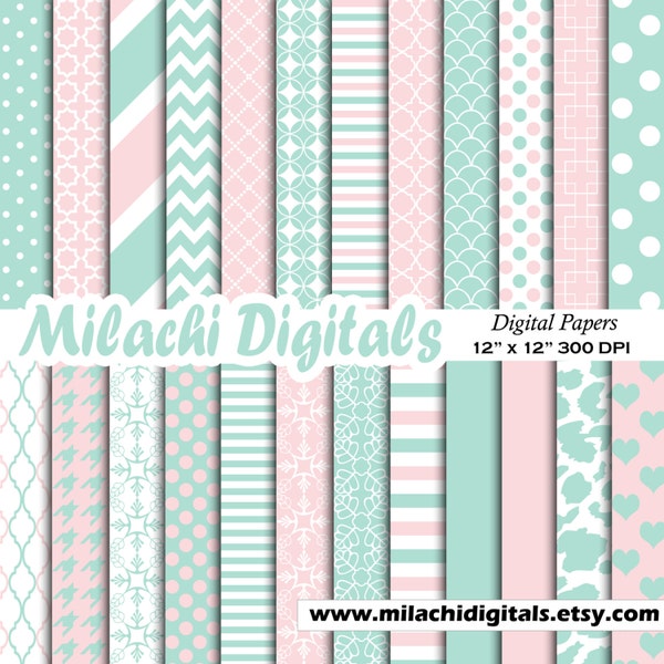 Pink and Mint digital paper, polka dots scrapbook papers, stripes wallpaper, chevron background - M389