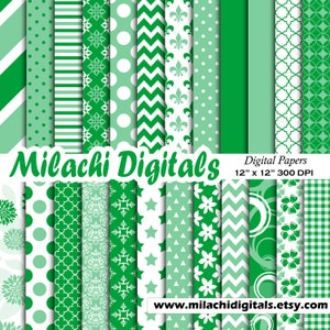 Green digital paper, polka dots scrapbook papers, chevron background, wallpaper, commercial use - M545