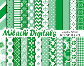 Green digital paper, polka dots scrapbook papers, chevron background, wallpaper, commercial use - M545