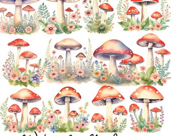 Aquarell Pilze Clipart Set, 12 hochwertige PNGs, Clipart Bundle, Pilz Design, Junk Journal Clipart, sofort Download