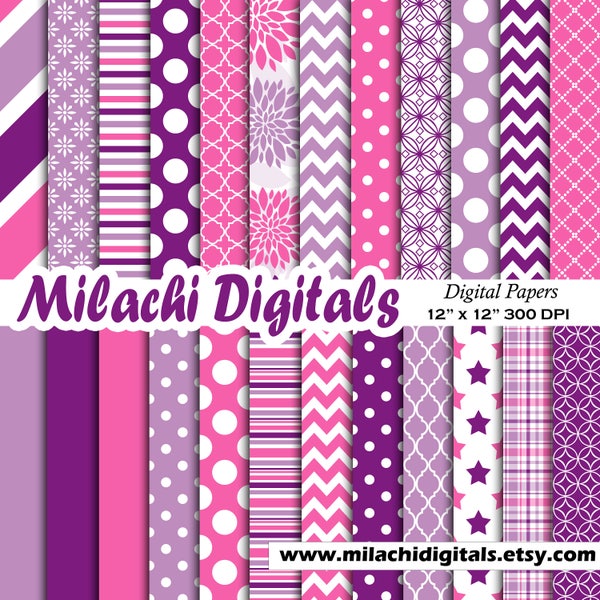 Pink and Purple digital paper scrapbook papers wallpaper digital scrapbooking polka dots stripes chevron - M583