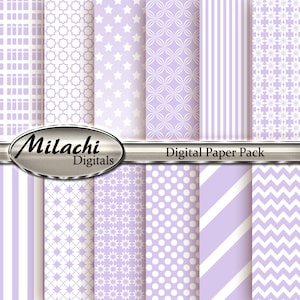 Puede incluir: Un paquete de papel digital con 12 patrones diferentes en tonos de morado y blanco. Los patrones incluyen formas geométricas, estrellas, rayas, lunares y diseños en chevron. El texto "Milachi Digitals" y "Digital Paper Pack" es visible en la imagen.