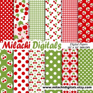 May include: Set of 10 digital papers featuring red and green cherry patterns. The patterns include polka dots, gingham, and cherries on a white background. The papers are 12 inches by 12 inches and 300 DPI.  Milachi Digitals.