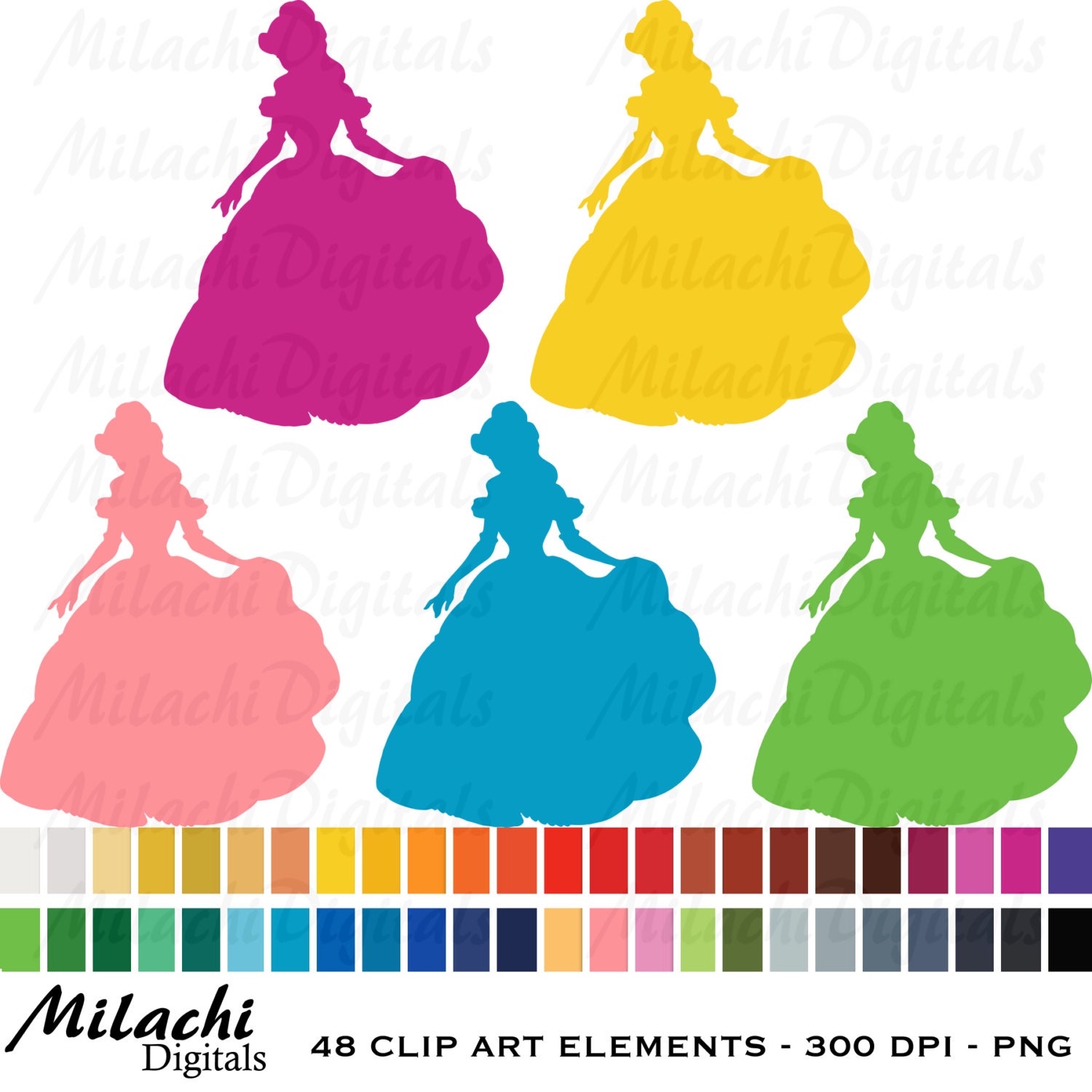 48 Princess Clipart Silhouette Digital Clip Art - Commercial Use - Instant  Download - M276, image size:1500x1500