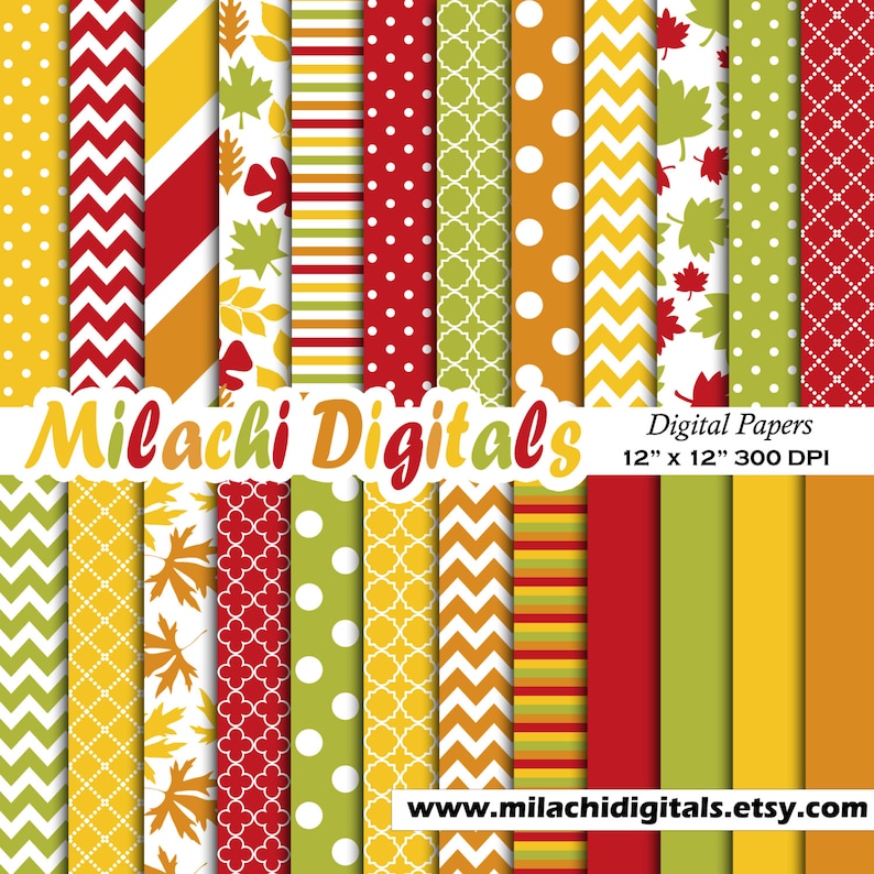 May include: Set of 18 digital papers featuring autumn-themed patterns in red, yellow, green, and white. The patterns include stripes, polka dots, chevron, and leaf designs. The papers are 12 inches by 12 inches and 300 DPI. Milachi Digitals is the name of the shop.