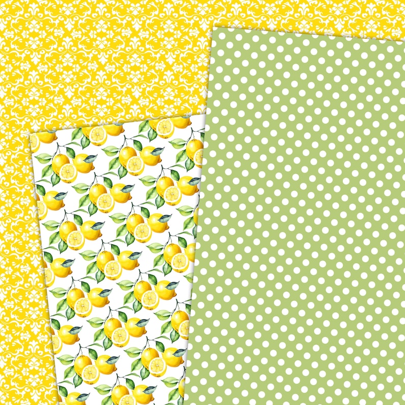 May include: A collection of patterned papers featuring a lemon theme. Designs include a yellow damask pattern, a green polka dot pattern, and a white background with watercolor lemons and green leaves. Ideal for scrapbooking and crafts.