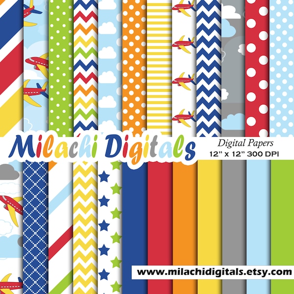 Airplane digital paper, background, scrapbook papers, stripes, chevron, polka dots, clouds, airplanes, stars - M329