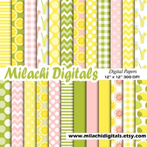Papier numérique limonade, fond transparent, papiers Scrapbook, rayures, Chevron, pois, citron - M940