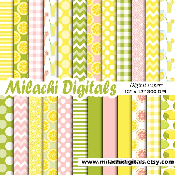 Lemonade Digital Paper, Seamless Background, Scrapbook Papers, Stripes, Chevron, Polka Dots, Lemon - M940