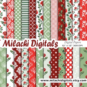 Red Roses Digital Paper, Seamless 12&quot;x12&quot; Scrapbook Paper, Junk Journal Pages, Crafts, Planner Backgrounds, Card Making, Commercial Use