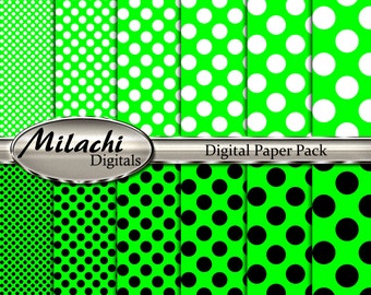 Lime white black polka dots digital paper pack, scrapbook papers, backgrounds - Commercial Use - Instant Download -M249