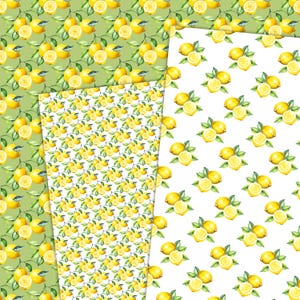 May include: Three sheets of patterned paper featuring watercolor lemons and green leaves. The patterns include lemons on a green background, a white background, and a repeating pattern of lemons and leaves.