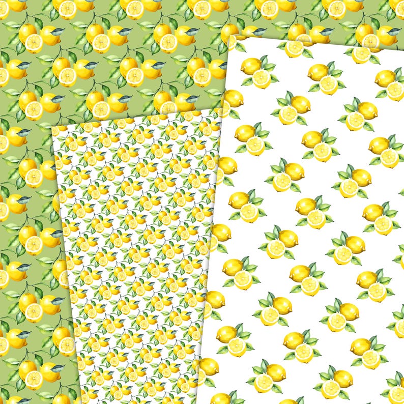 May include: Three sheets of patterned paper featuring watercolor lemons and green leaves. The patterns include lemons on a green background, a white background, and a repeating pattern of lemons and leaves.