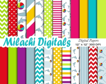 Dolphin digital paper,  under the sea scrapbook papers, summer wallpaper, beach background - M381