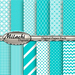 May include: A digital paper pack featuring 12 different turquoise and white patterns. The patterns include polka dots, stripes, diamonds, and geometric designs. The pack is labelled "Milachi Digitals Digital Paper Pack".