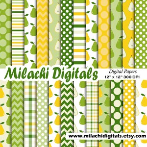Birne digital Papier Obst Scrapbook Papier digitale Hintergründe Obst Muster Einladung gelb grün Streifen Polka Dots kommerzielle Nutzung M873