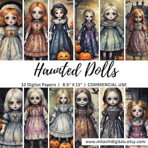 Halloween Haunted Dolls Digital Paper Pack 8.5&quot;x11&quot;, Halloween Junk Journal Pages, DIY Crafts, Card Making, Printable Scrapbook Paper