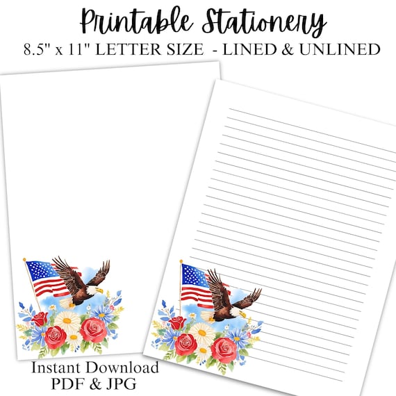 Patriotic Stationery Printable, 4th of July Journal Paper, Letter Writing, Office Notepad, Writing Paper, Lined and Unlined