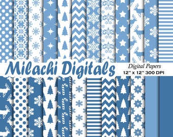 Blue Christmas digital paper, holiday scrapbook papers, snowflake wallpaper, christmas background, moose background, chevron  M801