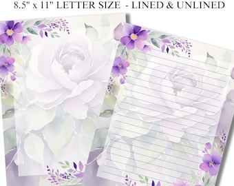 Cancelleria floreale viola stampabile, carta digitale per diari, carta da lettere, lettere e appunti, blocco note stampabile, set per la scrittura in ufficio