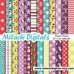 Weihnachten Digital Paper Pack, Urlaub Scrapbook Papiere, Nahtlose Hintergründe, Pinguin, Schneeflocke, Weihnachtsmann, Zuckerstange, Schneemann - M977