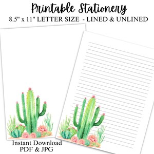 Papelería de cactus para imprimir, papel digital para diarios, papel para escribir, cartas y notas, bloc de notas de oficina, con y sin rayas, Angel Girl