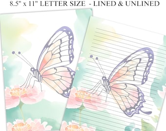 Butterfly Stationery Printable, Journal Paper, Letter Writing Paper, Note Paper, Office Notepad, Digital Writing Paper, Lined, Unlined