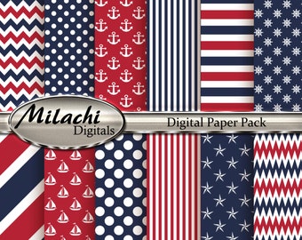 Nautical Red Navy Blue White Digital Paper Pack - Commercial Use - Instant Download - M75