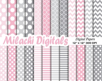 Baby Pink and Gray digital paper, baby shower scrapbook papers, chevron wallpaper, polka dots background, birthday - M636