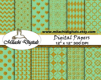 Papier numérique paillettes or et à la menthe, fond, papier scrapbooking, coeurs, petits pois, chevron, usage commercial - M282