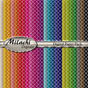 May include: A digital paper pack containing 16 different patterns. Each pattern features a white quatrefoil design on a gradient background. The colours include shades of orange, red, pink, purple, blue, green, and brown.
