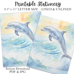 Papelería imprimible con delfines, papel digital para diarios, cartas y notas, juego de escritura, material de oficina y escolar