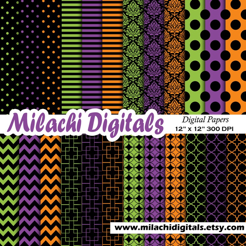 May include: Set of 12 digital papers in Halloween colors, including black, orange, green, and purple. The patterns include polka dots, stripes, chevron, damask, and geometric designs.  Digital Papers 12" x 12" 300 DPI.  Milachi Digitals www.milachidigitals.etsy.com