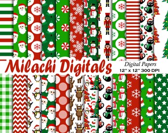 May include: A set of 12 digital papers featuring various Christmas themes. The papers include patterns of snowflakes, candy canes, penguins, reindeer, nutcrackers, Santa Claus, cats, and Christmas trees. The papers are 12 inches by 12 inches and 300 DPI.