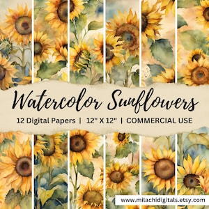 Watercolor Sunflowers Digital Paper, floral backgrounds, junk journal paper, printable scrapbook paper, paper for crafting, commercial use