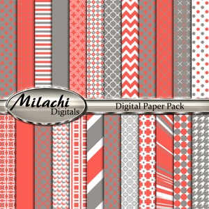 Puede incluir: Un paquete de papel digital con 16 patrones diferentes en coral y gris. Los patrones incluyen lunares, rayas, chevron y diseños geométricos. El texto "Milachi Digitals" y "Digital Paper Pack" está incluido en la imagen.