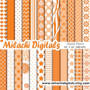 Orange digital paper, damask scrapbook papers, chevron background, fleur de lis wallpaper, commercial use - M546