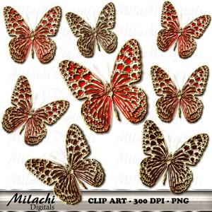 Gold Red Butterflies Digital Clip Art - Commercial Use - Instant Download - M146