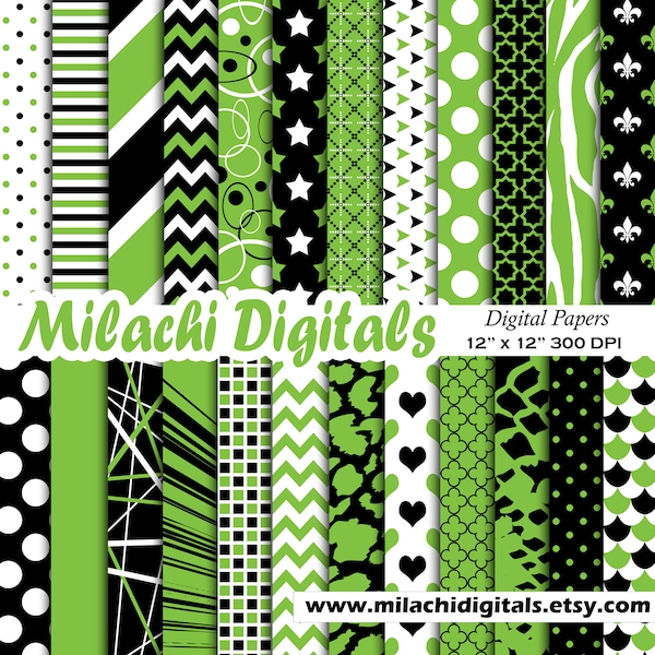 Black and green digital paper, scrapbook papers, polka dots wallpaper, animal print background, printable paper - M556
