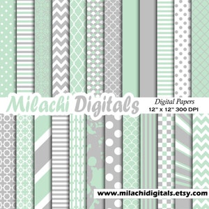 Mint und grau digitales Papier, Hintergrund, Scrapbook Papiere, Streifen, Chevron, Tupfen - M351